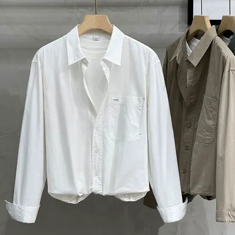 日系纯棉纯色工装衬衣2023春秋季新款男士长袖衬衫休闲男春装上衣商品大图