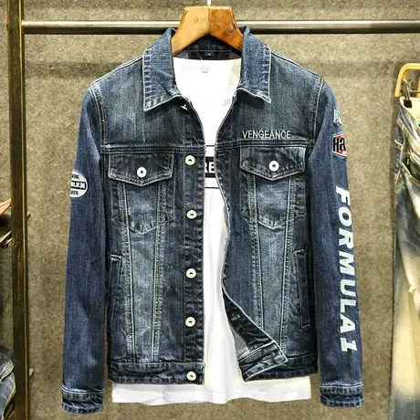 春季蓝色刺绣牛仔外套男潮牌欧美高街复古风夹克韩版潮流上衣帅气图片