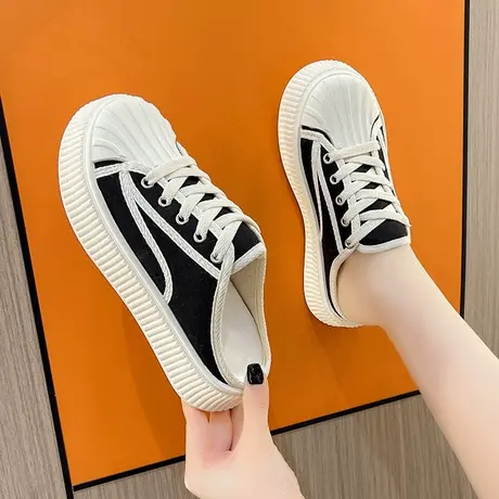 夏季网红半拖帆布鞋女鞋2023新款夏款懒人一脚蹬饼干板鞋脚踩布鞋商品大图