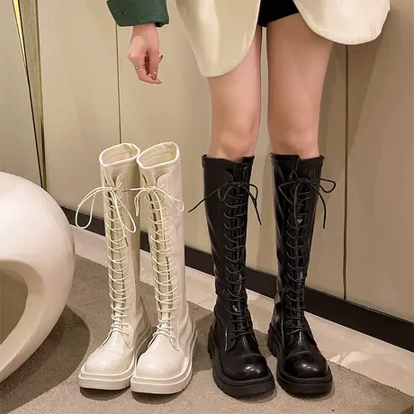 长筒靴女粗腿2024年新款秋冬季白色厚底不过膝长靴系带显瘦骑士靴商品大图