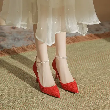 红色婚鞋新娘鞋女2024新款珍珠一字扣细跟单鞋秀禾婚纱两穿高跟鞋商品大图