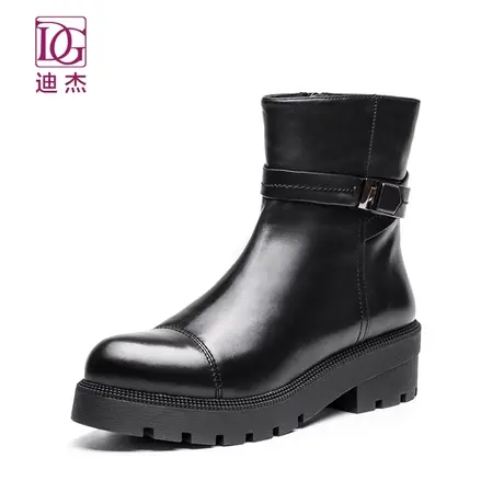 DG迪杰 女靴子秋冬新款牛皮真皮粗跟厚底短靴短筒靴商品大图