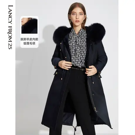 朗姿奥莱商务狐狸真毛领派克服秋冬羊皮毛一体内胆大衣进口面料图片