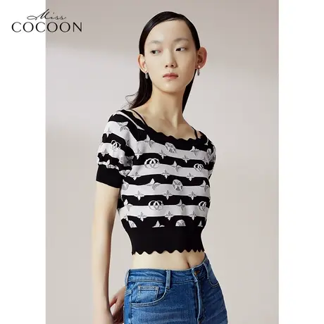 COCOON商场同款时尚上衣2023春新款简约短款条纹百搭短袖毛针织衫商品大图