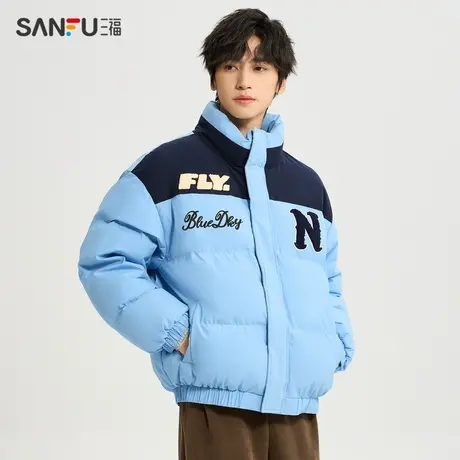 三福2023冬男士撞色拼接字母短棉衣 宽松立领外套上衣男478864图片