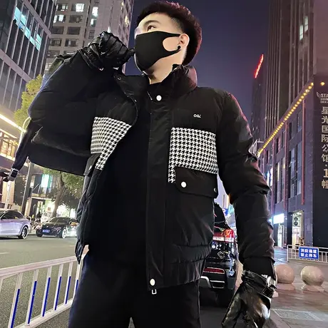 个性棉衣男冬季2023新款时尚韩版修身短款千鸟格拼接立领棉服外套商品大图