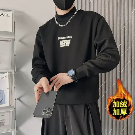 半高领加绒卫衣男冬季2023新款小众潮牌加厚字母刺绣打底上衣t恤商品大图