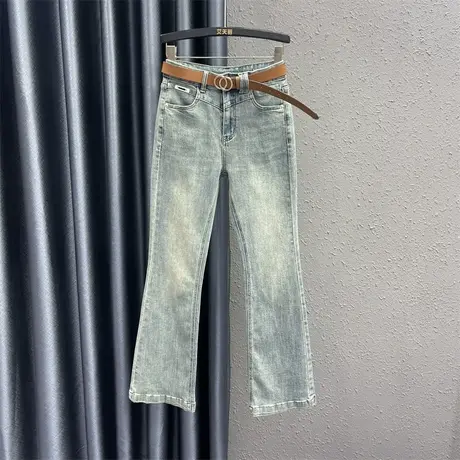 韩版个性贴布微喇裤女2024春季新款浅蓝色设计感时尚百搭牛仔长裤图片