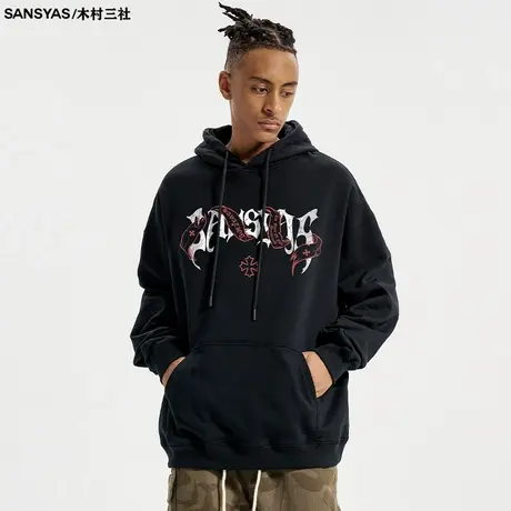 木村三社SANSYAS 布条十字架硬挺美式卫衣男款秋冬正肩黑色外套图片