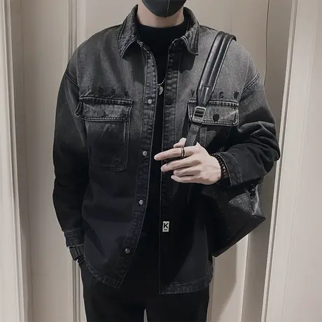 2023秋装重磅潮牌水洗渐变牛仔外套男春秋季痞帅炸街机车夹克上衣商品大图