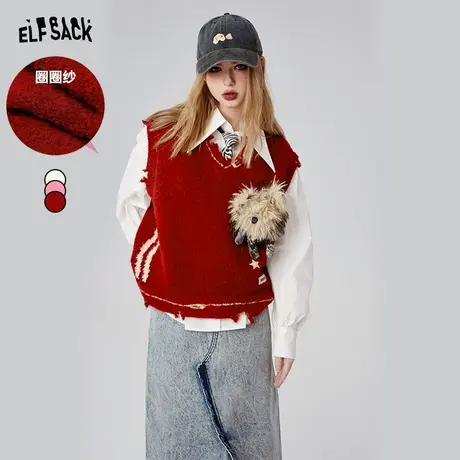 妖精的口袋红色v领针织马甲女2024早春新款学院风圈圈纱无袖背心图片