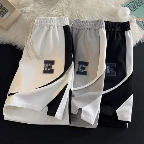绣标撞色拼接工装运动短裤男夏季冰丝美式宽松五分潮流休闲裤子薄商品大图