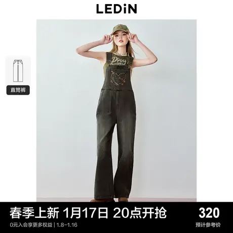 乐町复古休闲背带牛仔裤2024年春季新款绣花阔腿裤百搭连体裤子图片