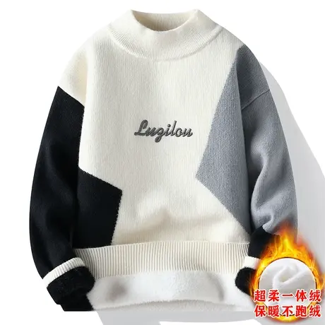 一体绒加绒加厚毛衣男秋冬季潮牌青少年初中高中学生半高领针织衫商品大图