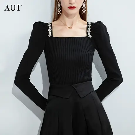 AUI黑色方领泡泡袖针织衫女2023秋冬新款设计感小众气质修身上衣图片