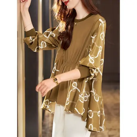 宝诗黎圆领长袖拼接印花雪纺衫收腰女装2023年新款秋季宽松薄上衣商品大图
