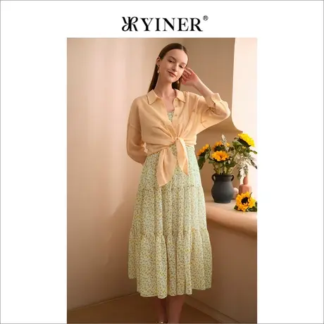YINER音儿女装夏季法式收褶收腰印花吊带连衣裙商品大图