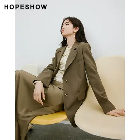 红袖翻驳领纯色西服外套女hopeshow2024春季新款垫肩短款西装女图片