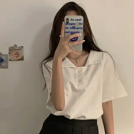 大码polo领短袖t恤女夏季2023新款洋气时髦宽松正肩别致半袖上衣商品大图