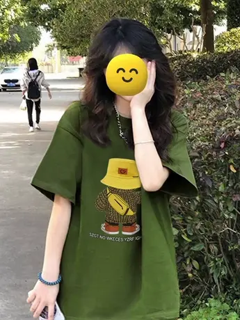 军绿色纯棉短袖t恤女小个子夏季美式复古oversize宽松半袖上衣服商品大图