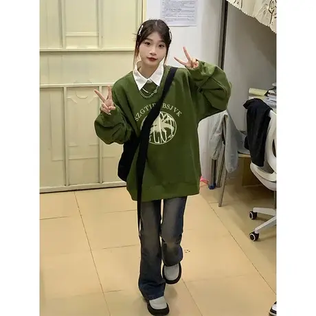 设计感小众圆领卫衣女秋冬加绒加厚ins潮牌宽松大码chic港味外套图片