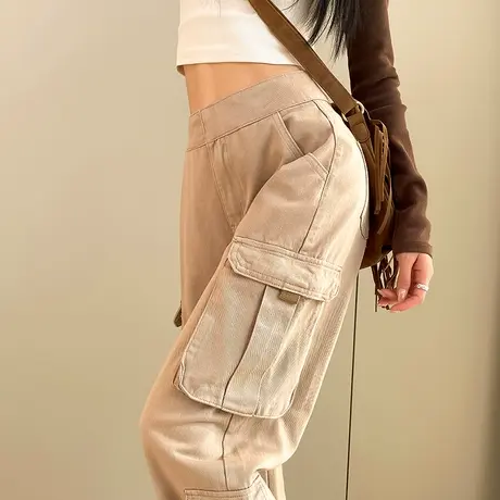 美式直筒工装牛仔裤女春秋款高腰设计感梨形身材多口袋显瘦阔腿裤商品大图