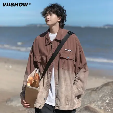 VIISHOW渐变色牛仔外套男春秋潮牌复古翻领夹克港风ins潮男上衣商品大图