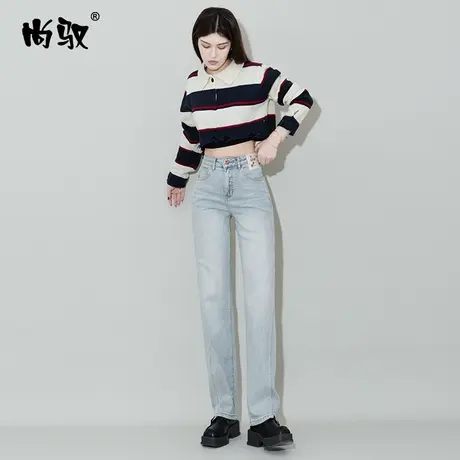 尚驭蓝色弹力高腰牛仔直筒香蕉裤女2024年春季新款韩版休闲阔腿裤图片