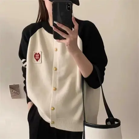 撞色插肩针织开衫女装2024春装新款洋气减龄宽松圆领短款毛衣外套图片