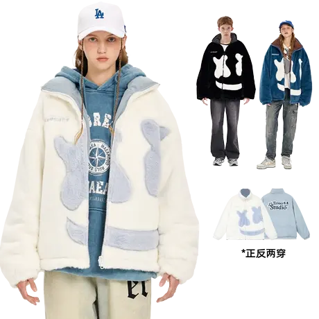 【所有女生直播间】er笑脸两面穿仿兔毛外套情侣潮牌男女同款图片