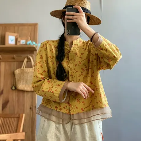 dza 复古双层面纱长袖衬衫女士春秋国风衬衣休闲宽松立领开衫上衣图片