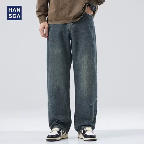 hansca美式高街牛仔裤男秋季潮牌复古水洗痞帅宽松休闲直筒长裤子商品大图