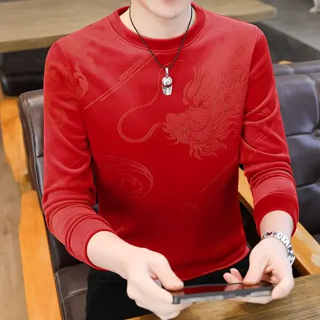 2024龙年本命年男士卫衣加绒加厚加肥加大码烫钻金丝绒长袖T恤衫图片