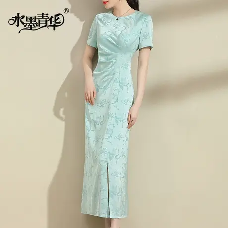 水墨青华2024夏季新品气质优雅收腰开叉长裙时尚百搭提花连衣裙图片