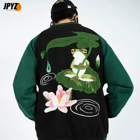 麂皮绒男士夹克外套国潮青蛙刺绣春秋季宽松日系复古棒球服高级感商品大图