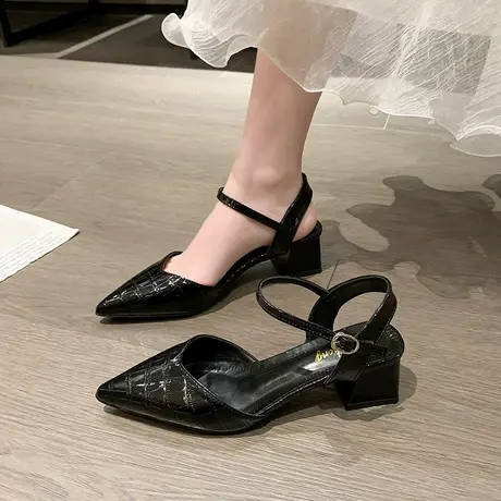 法式玛丽珍女鞋2024年新款春秋粗跟中跟百搭小皮鞋配裙子包头凉鞋商品大图