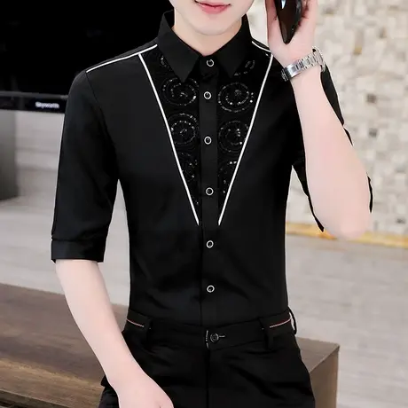 衬衫男春夏季七分袖小众设计感高级网红衬衣夜店潮牌个性痞帅短袖商品大图