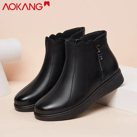 奥康2022冬季棉鞋女真皮休闲加绒保暖短靴女平底中老年妈妈靴牛皮商品大图