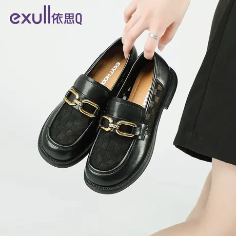 依思q圆头单鞋女真皮软面夏季2024新款马衔扣低跟乐福鞋网纱透气商品大图