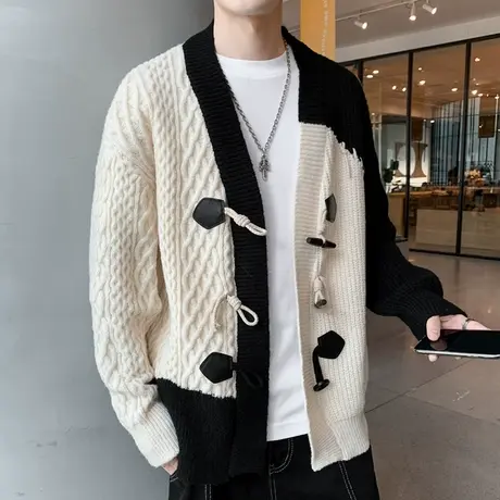 ins潮牌撞色夹克外套秋季新款麻花网红潮流针织开衫毛衣外穿情侣商品大图