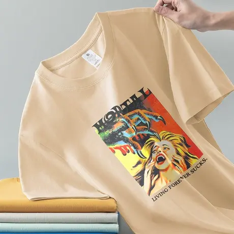 重磅纯棉t恤男士短袖2023新款圆领上衣服宽松全棉夏季半袖打底衫商品大图