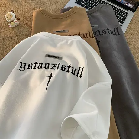 ins潮牌圆领宽松短袖T恤男夏季hiphop刺绣字母废土风古着落肩上衣商品大图