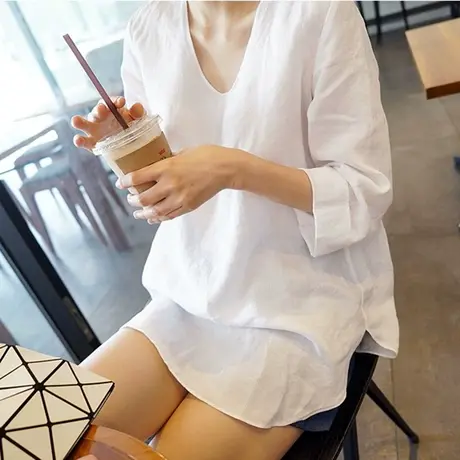 纯诗曼新款衬衫女韩版宽松大码棉麻套头U型领衬衣学生时尚上衣潮图片