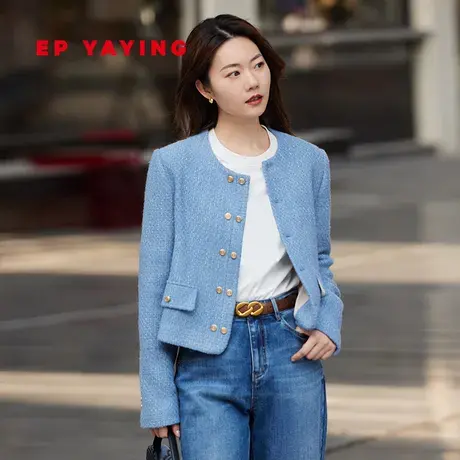 EP雅莹女装 美利奴羊毛花呢低圆领短款外套 2023秋冬新款1219A商品大图