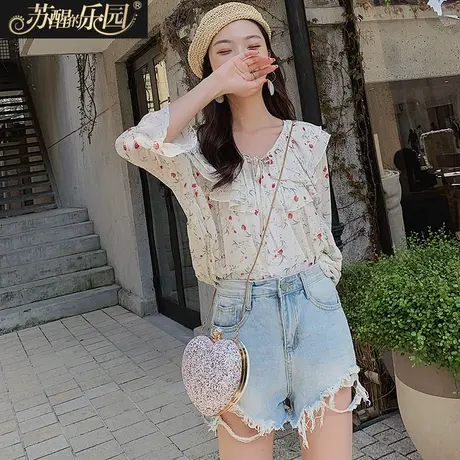 甜美雪纺衫上衣女2019夏季新款韩版时尚气质淑女系带印花宽松小衫图片