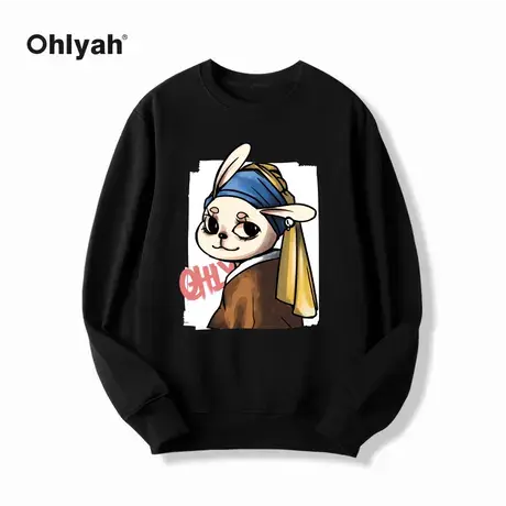 Ohlyah潮牌宽松慵懒黑色卡通兔子女神印花卫衣春秋薄款打底衫上衣商品大图