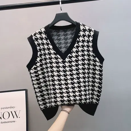 2023早秋新款气质外搭针织背心马甲女士韩版宽松千鸟格毛衣马夹女商品大图
