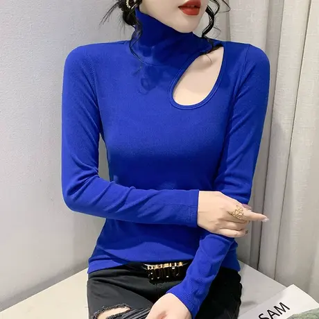 加厚磨毛高领打底衫女内搭性感镂空T恤长袖设计感洋气上衣春秋ins商品大图