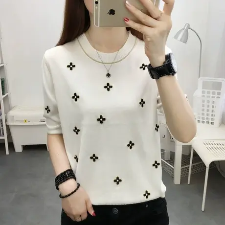 2023秋季新款圆领冰丝针织衫女薄款短袖t恤短款洋气百搭打底衫潮图片