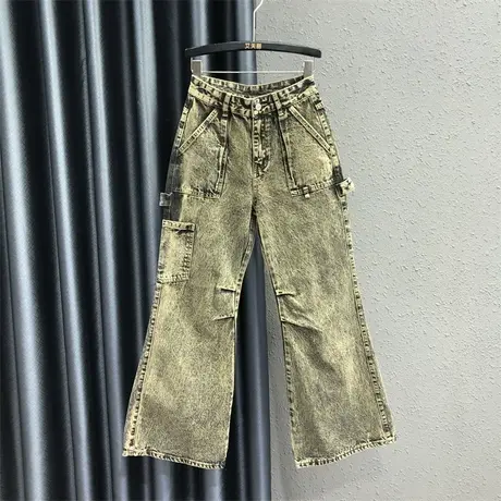 2023秋季新款欧洲站复古宽松百搭做旧工装阔腿喇叭长裤牛仔裤女潮图片